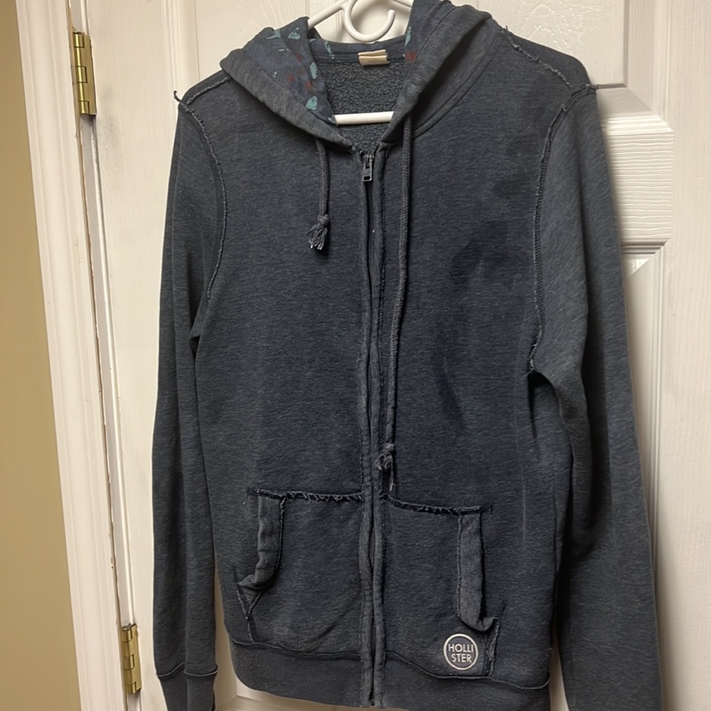 Hollister California hco blue grey hoodie zip up sweatshirt blue red hood size S